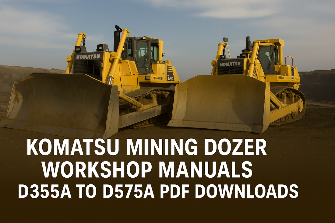 Komatsu mining dozer with ripper attachment under blue sky, featuring bold text promoting workshop manuals from KManuals