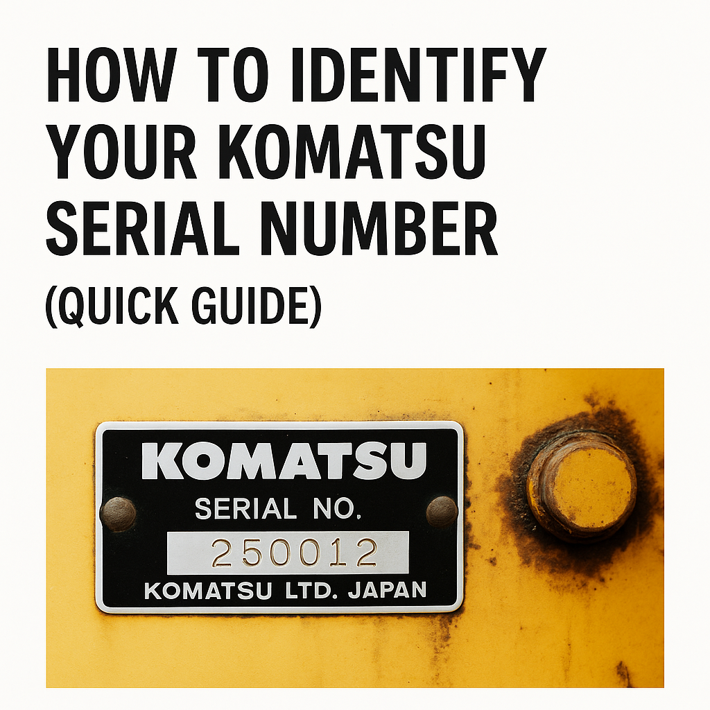 Close-up of a Komatsu excavator showing the metal serial number plate on the side of the cab — guide for identifying Komatsu equipment serial numbers.